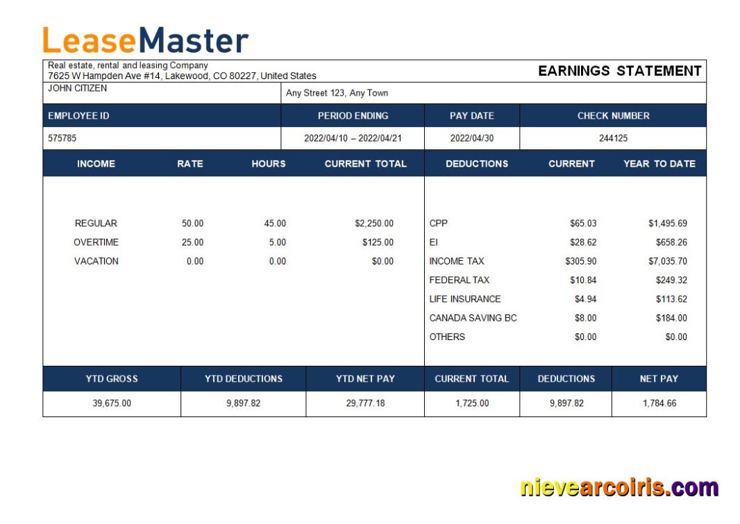 real estate, rental and leasing company payslip